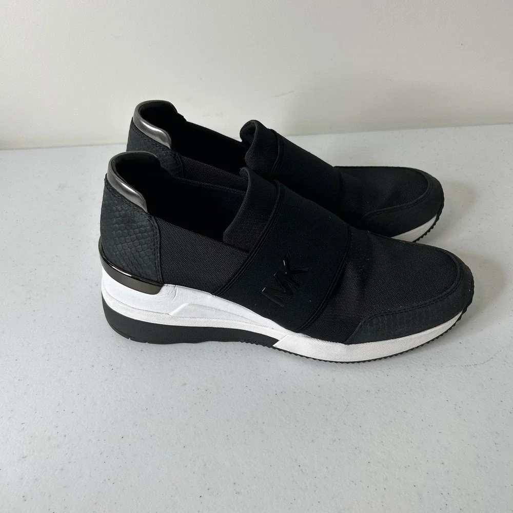 Michael Kors Women's 7.5 Felix Trainer Wedge Tech Canvas Sneakers Black